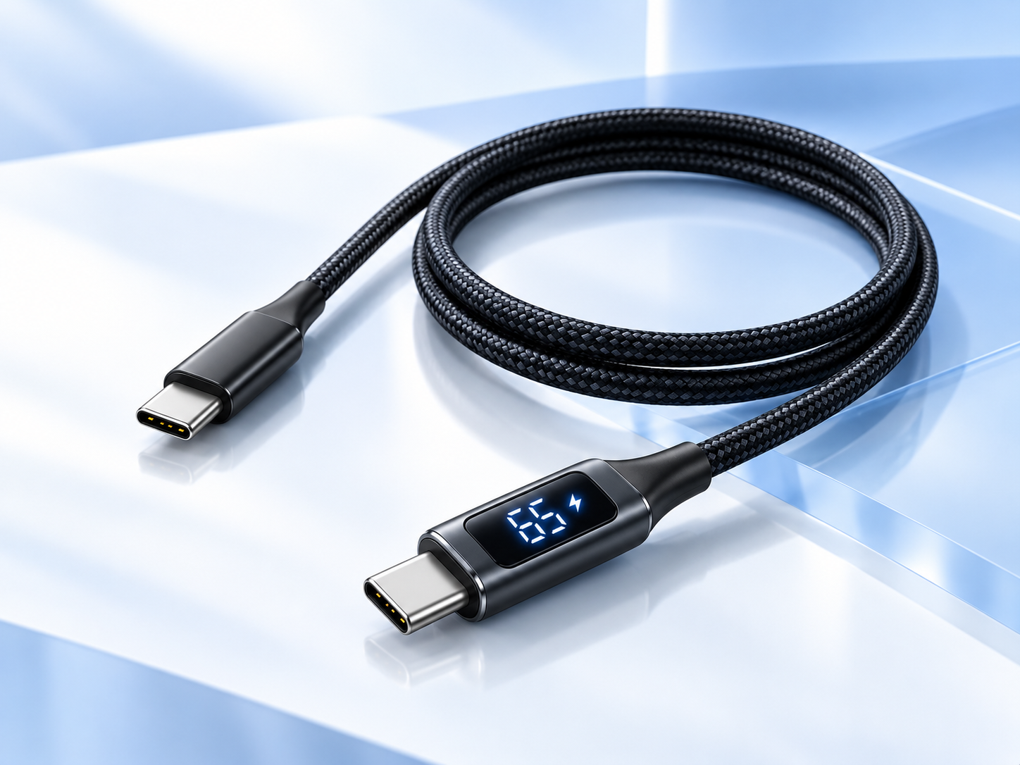Black charging cable featuring a concept digital display, with both connectors visible