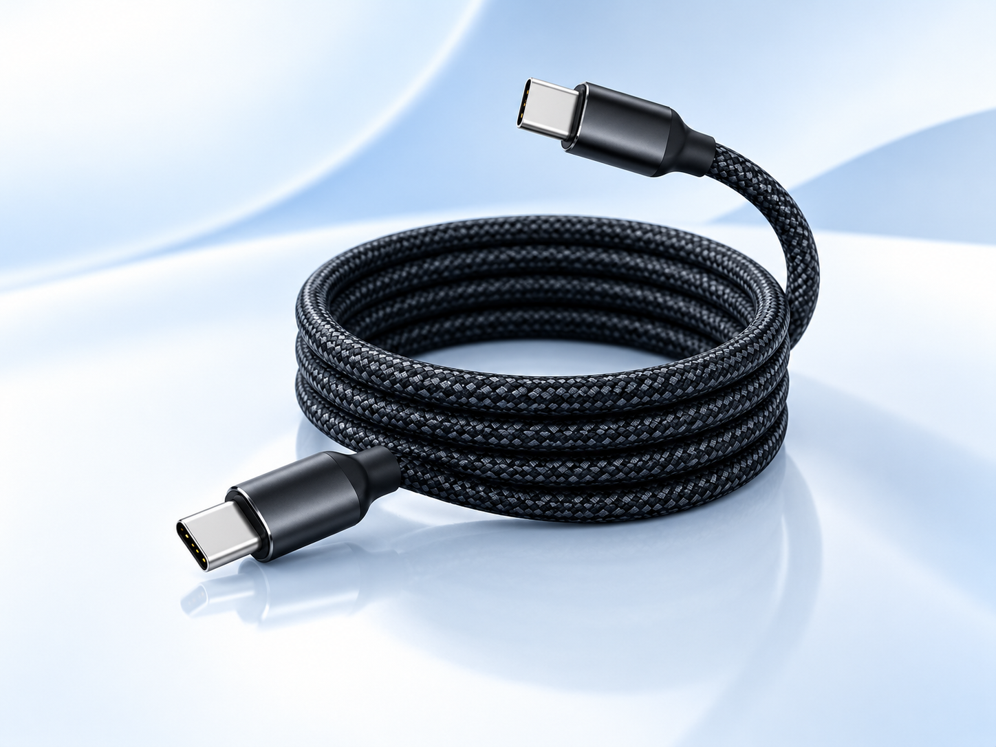 Black coiled charging cable with both connectors fully visible